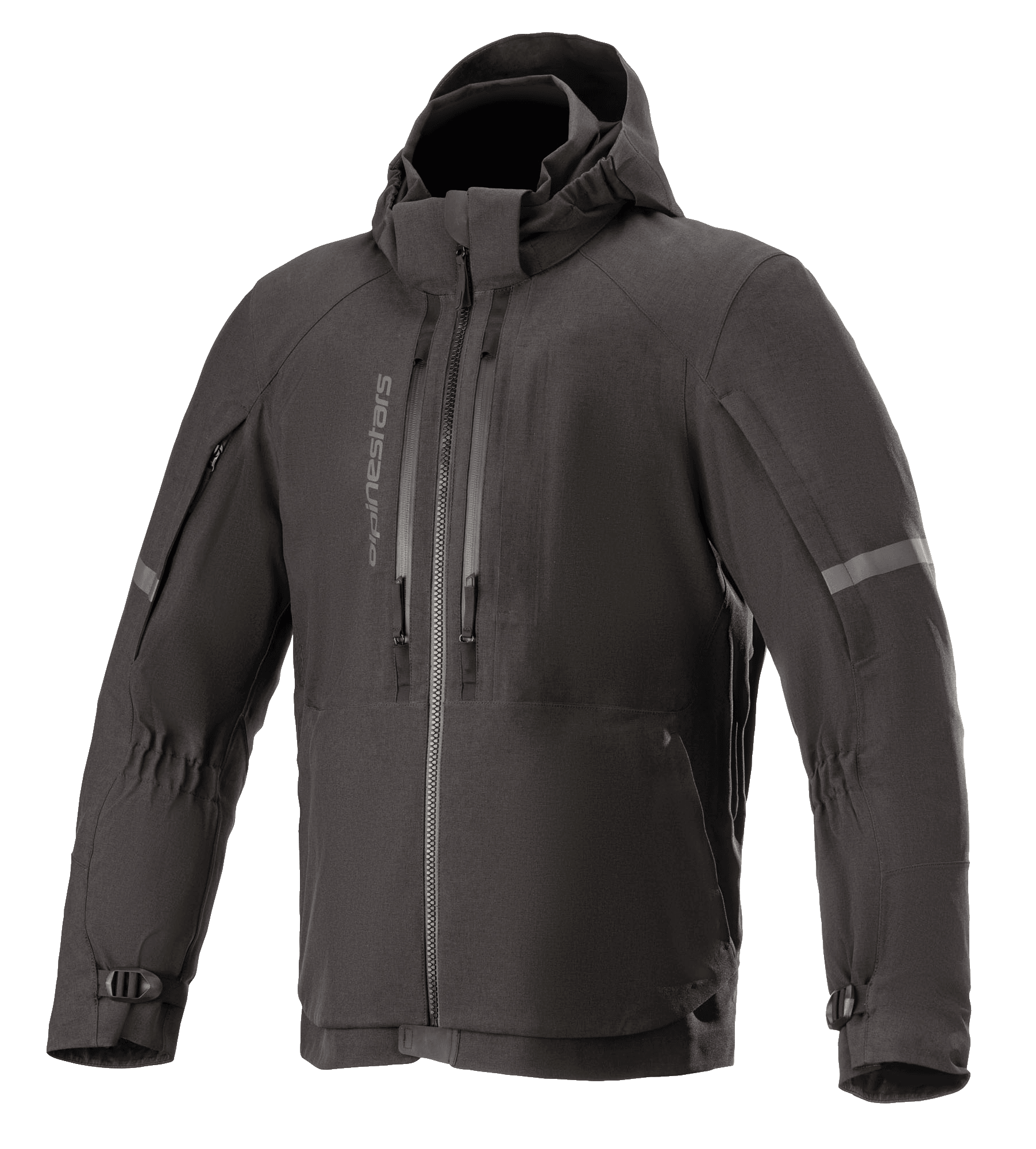 Alpinestars Sirius Drystar Techshell Jacket, Waterproof Motorcycle Jacket, Melange Black, hooded textile design with vertical chest zippers, reflective stripes on sleeves, and adjustable buckled cuffs