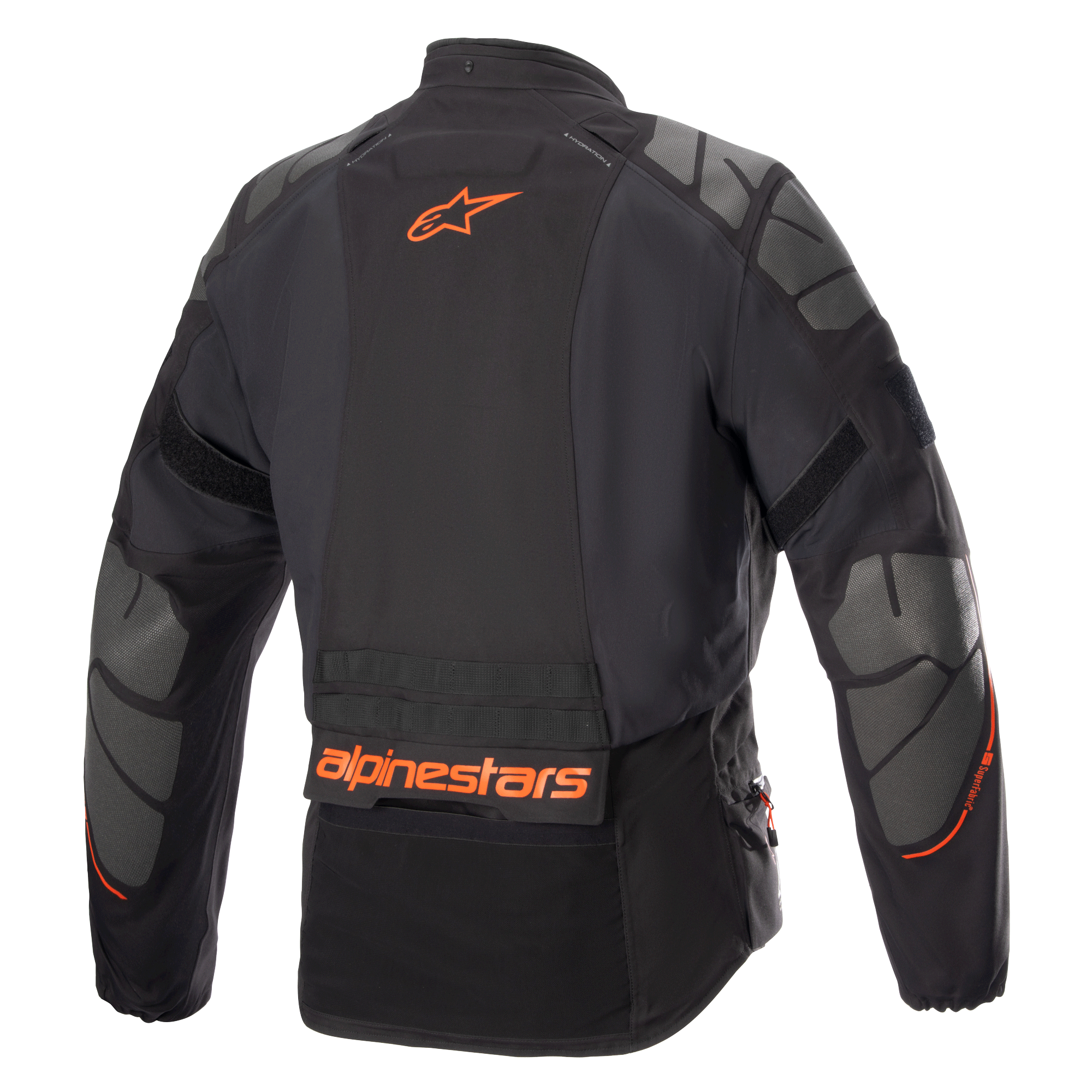 Veste Alpinestars AMT-10R Drystar® XF, veste de moto d'aventure, noire avec logo Alpinestars orange et panneaux Superfabric gris sur les épaules et les coudes, vue arrière, équipement technique de conduite multi-saison