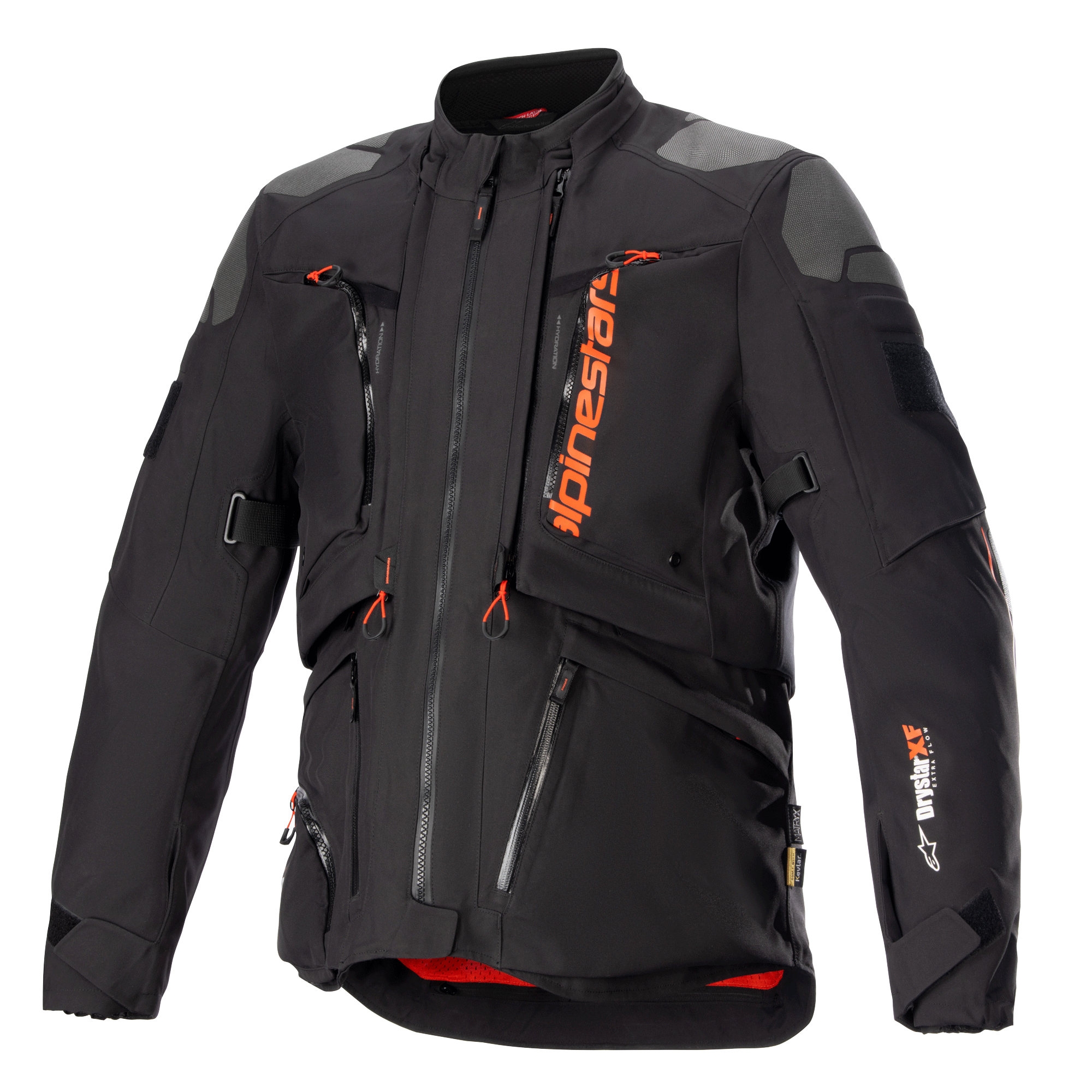 Veste Alpinestars AMT-10R Drystar XF, noire et orange, veste de moto touring aventure, empiècements gris aux épaules, multiples fermetures éclair avec tirettes orange, sangles ajustables, doublure intérieure rouge, équipement de protection technique