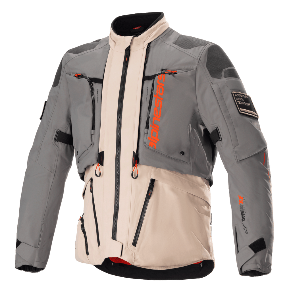 Alpinestars AMT-10R Drystar XF Jacket, Adventure Touring Motorcycle Jacket, Fur Gray and Pale Brown with Spicy Orange accents, modular textile construction with front zippers, reinforced shoulder and elbow panels, and high collar, professional protective riding gear