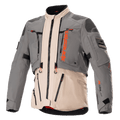 Alpinestars AMT-10R Drystar XF Jacket, Adventure Touring Motorcycle Jacket, Fur Gray and Pale Brown with Spicy Orange accents, modular textile construction with front zippers, reinforced shoulder and elbow panels, and high collar, professional protective riding gear
