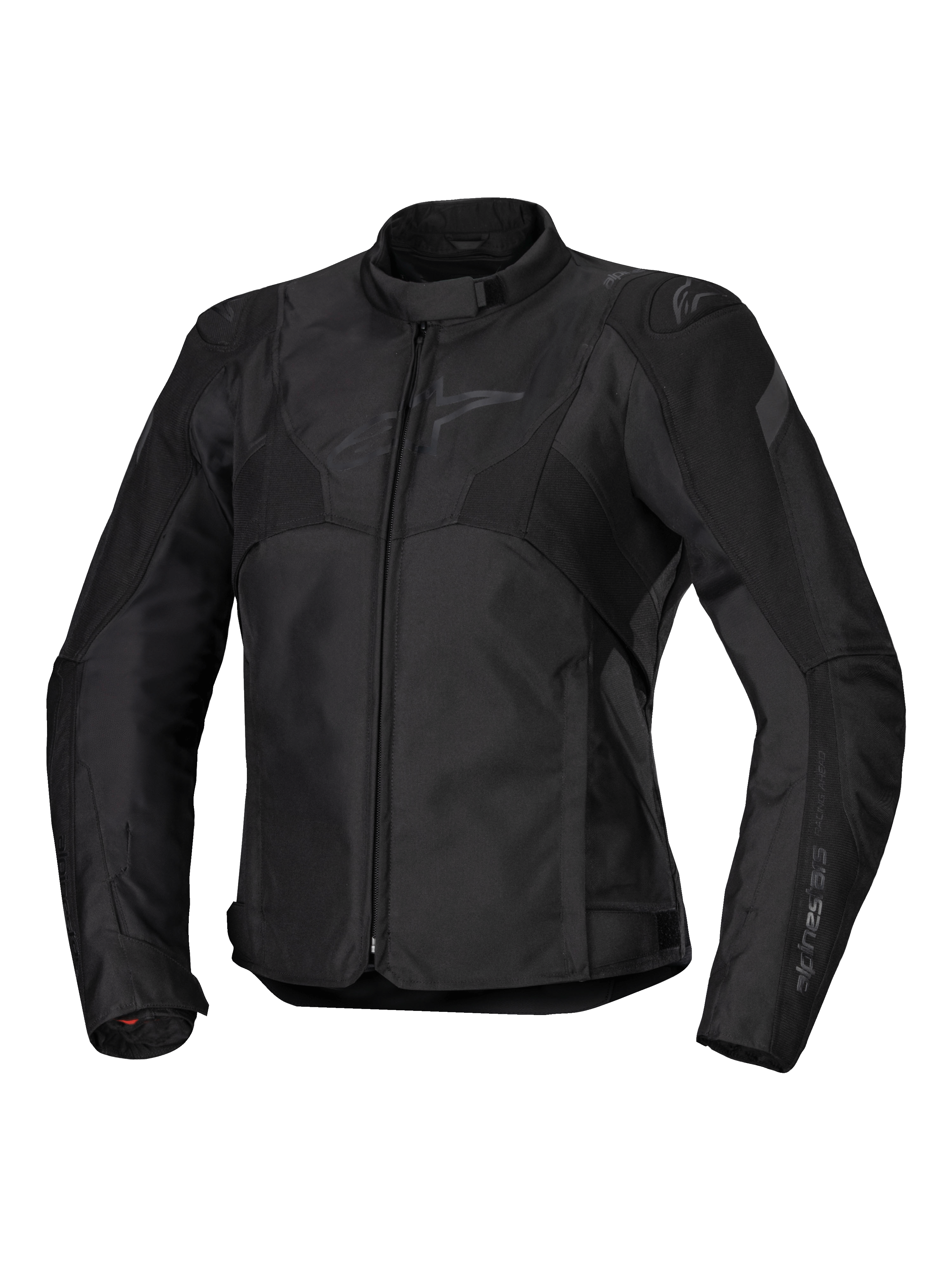 Alpinestars Stella T-Jaws V4 Waterproof Jacket, veste de moto pour femme, noir sur noir, fermeture éclair frontale, col ergonomique, logo Alpinestars discret sur la poitrine, construction textile durable avec une coupe sportive inspirée de la course