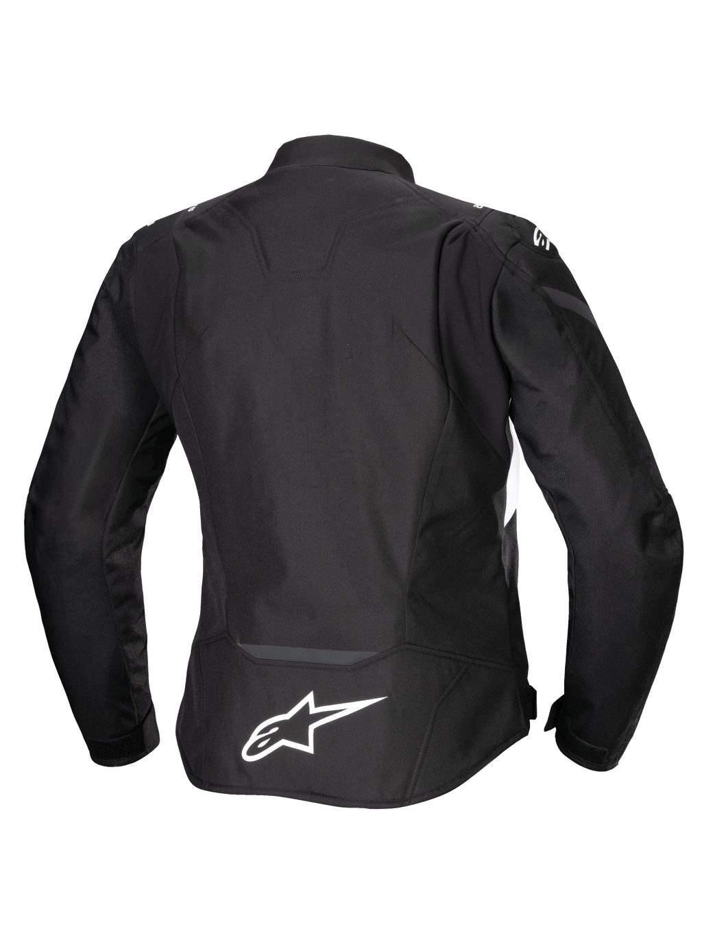 Veste imperméable Alpinestars Stella T-Jaws V4, veste de moto pour femme, noire avec des accents blancs, vue arrière avec logo Alpinestars blanc dans le bas du dos, design textile ajusté et sportif