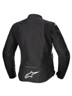 Veste imperméable Alpinestars Stella T-Jaws V4, veste de moto pour femme, noire avec des accents blancs, vue arrière avec logo Alpinestars blanc dans le bas du dos, design textile ajusté et sportif