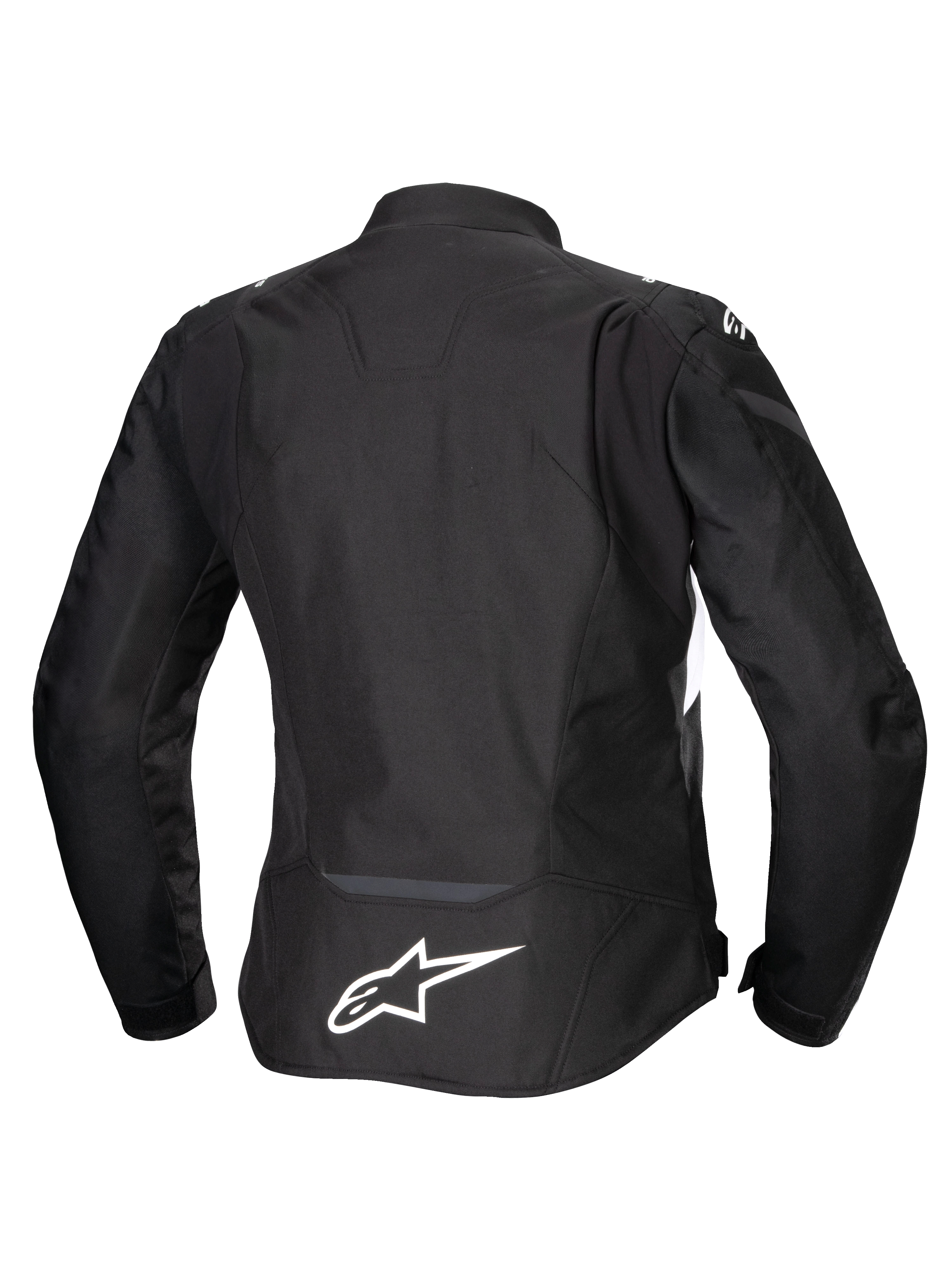 Veste imperméable Alpinestars Stella T-Jaws V4, veste de moto pour femme, noire avec des accents blancs, vue arrière avec logo Alpinestars blanc dans le bas du dos, design textile ajusté et sportif