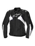 Veste imperméable Alpinestars Stella T-Jaws V4, veste de moto sport pour femme, noire et blanche, avec logo étoile blanc sur la poitrine, panneaux blancs angulaires sur le torse et les manches, et renforts d'épaules GP Lite, silhouette sport 3D ajustée