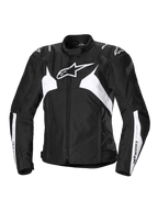 Veste imperméable Alpinestars Stella T-Jaws V4, veste de moto sport pour femme, noire et blanche, avec logo étoile blanc sur la poitrine, panneaux blancs angulaires sur le torse et les manches, et renforts d'épaules GP Lite, silhouette sport 3D ajustée