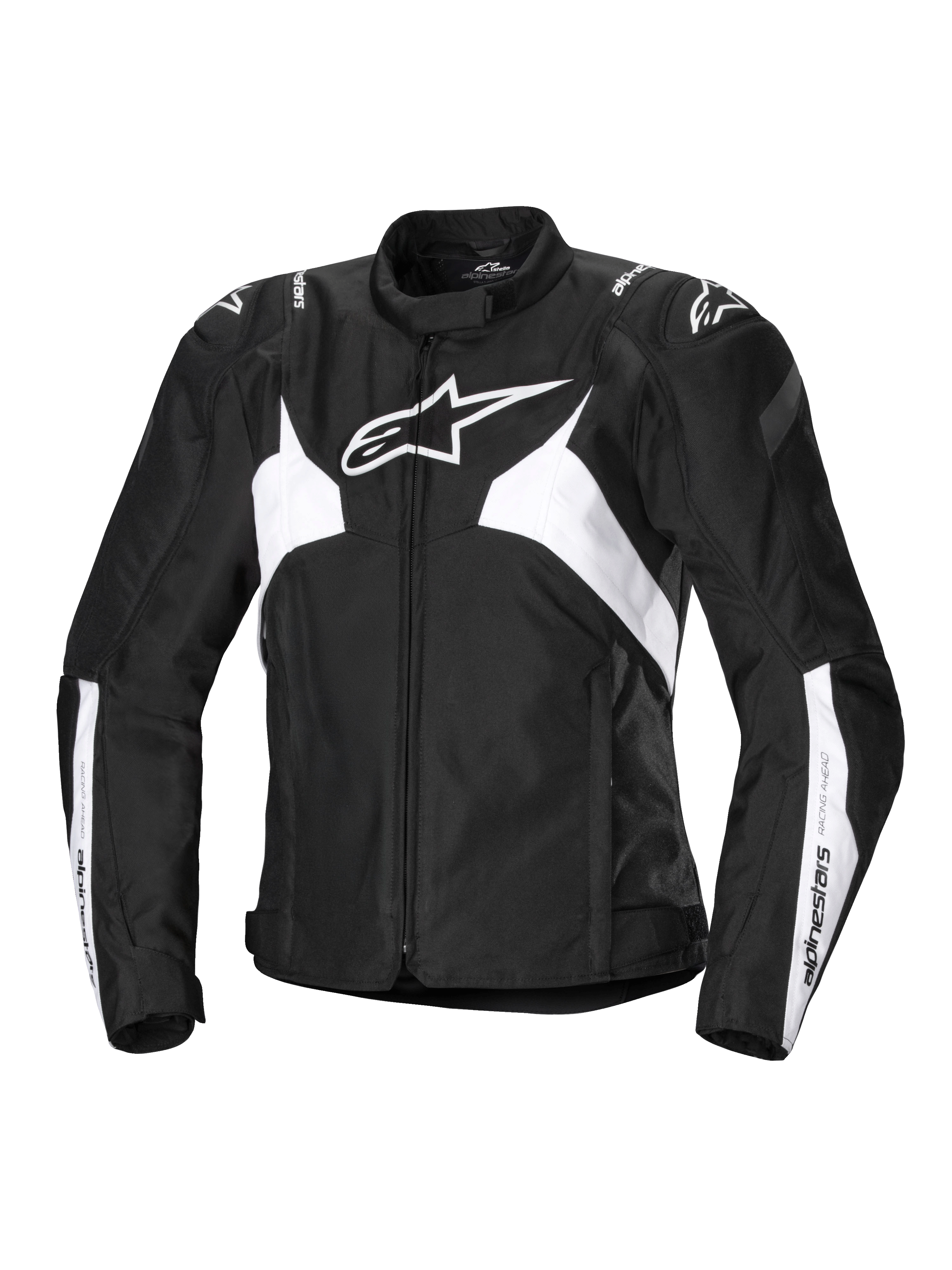 Veste imperméable Alpinestars Stella T-Jaws V4, veste de moto sport pour femme, noire et blanche, avec logo étoile blanc sur la poitrine, panneaux blancs angulaires sur le torse et les manches, et renforts d'épaules GP Lite, silhouette sport 3D ajustée