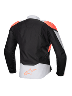 Veste imperméable Alpinestars Stella T-Jaws V4, veste de moto pour femme, noir, gris glace et corail fluo, vue arrière avec accents corail fluo sur les épaules et logo Alpinestars sur le bas du dos, construction en textile technique pour rouler par tous les temps