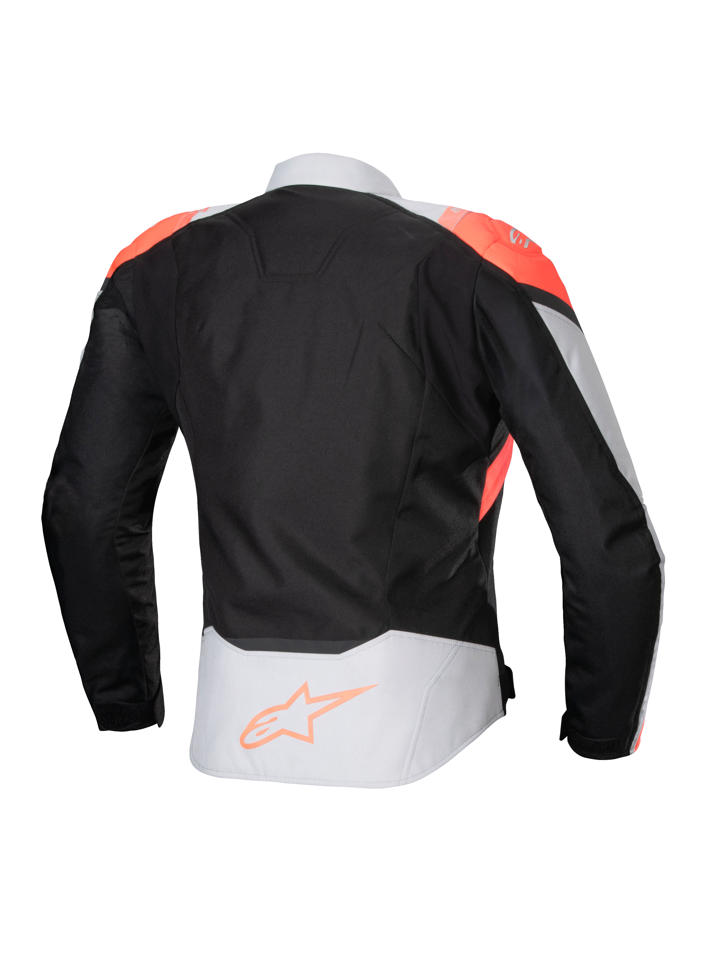 Veste imperméable Alpinestars Stella T-Jaws V4, veste de moto pour femme, noir, gris glace et corail fluo, vue arrière avec accents corail fluo sur les épaules et logo Alpinestars sur le bas du dos, construction en textile technique pour rouler par tous les temps