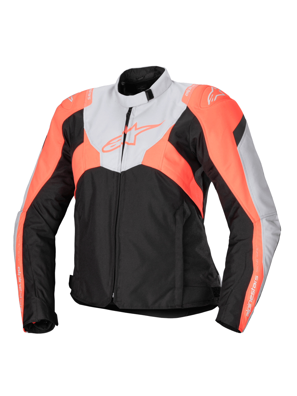 Alpinestars Stella T-Jaws V4 Waterproof Jacket, veste de moto sport en textile pour femme, noir, gris glacé et corail fluo, col montant, fermeture éclair frontale, blocs de couleurs angulaires et logos sur la poitrine et les manches