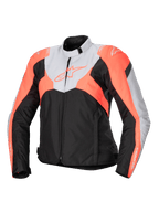 Alpinestars Stella T-Jaws V4 Waterproof Jacket, veste de moto sport en textile pour femme, noir, gris glacé et corail fluo, col montant, fermeture éclair frontale, blocs de couleurs angulaires et logos sur la poitrine et les manches