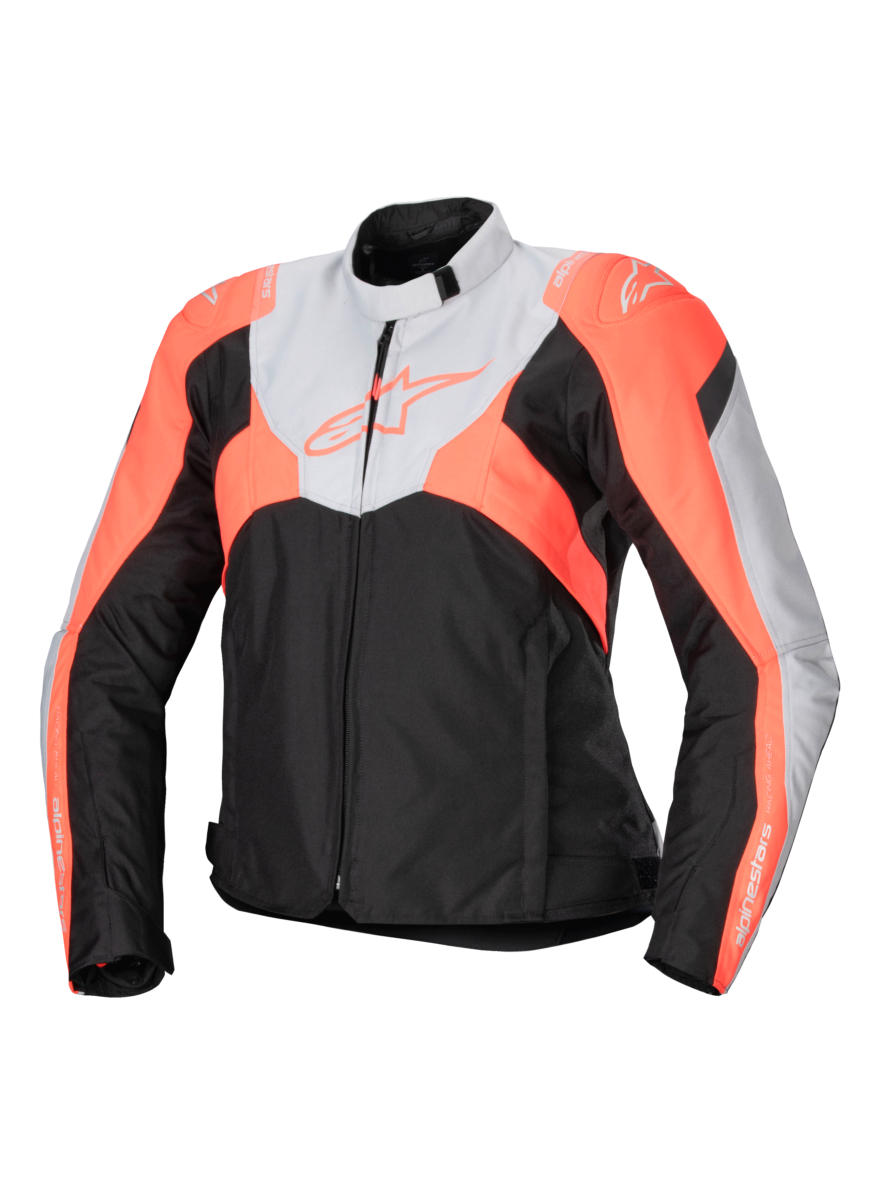 Alpinestars Stella T-Jaws V4 Waterproof Jacket, veste de moto sport en textile pour femme, noir, gris glacé et corail fluo, col montant, fermeture éclair frontale, blocs de couleurs angulaires et logos sur la poitrine et les manches