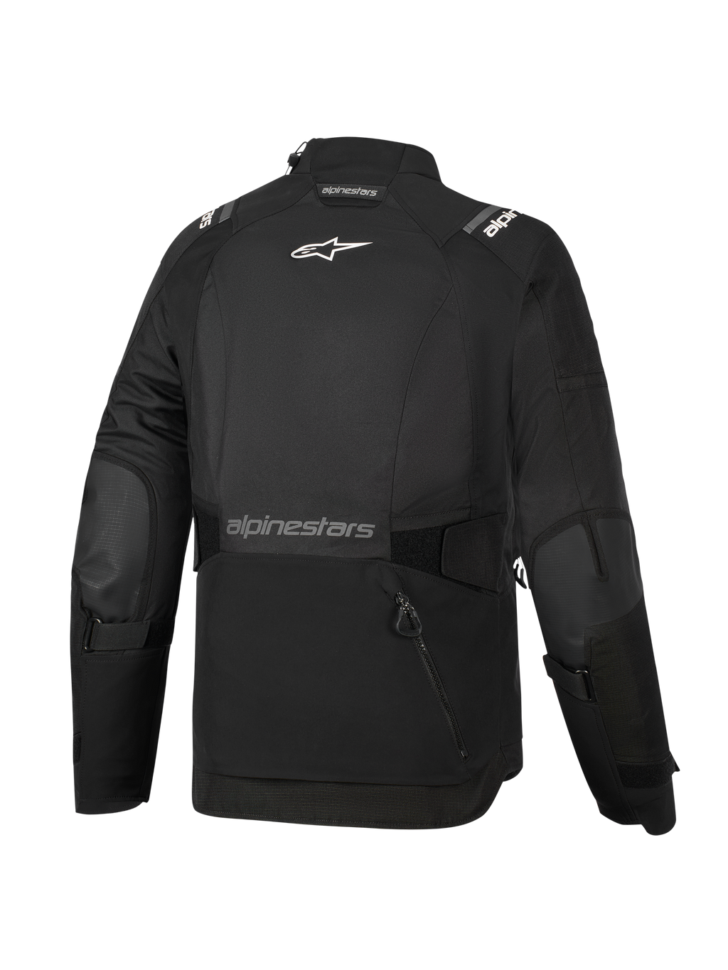 Veste Alpinestars Stella Andes V4 Drystar® pour femme, noire, vue de dos, dotée d'une grande poche de rangement arrière, d'un logo Alpinestars blanc sur le haut du dos et d'un marquage textuel sur le bas du dos, avec sangles de réglage à la taille et aux bras, veste de touring aventure en textile durable