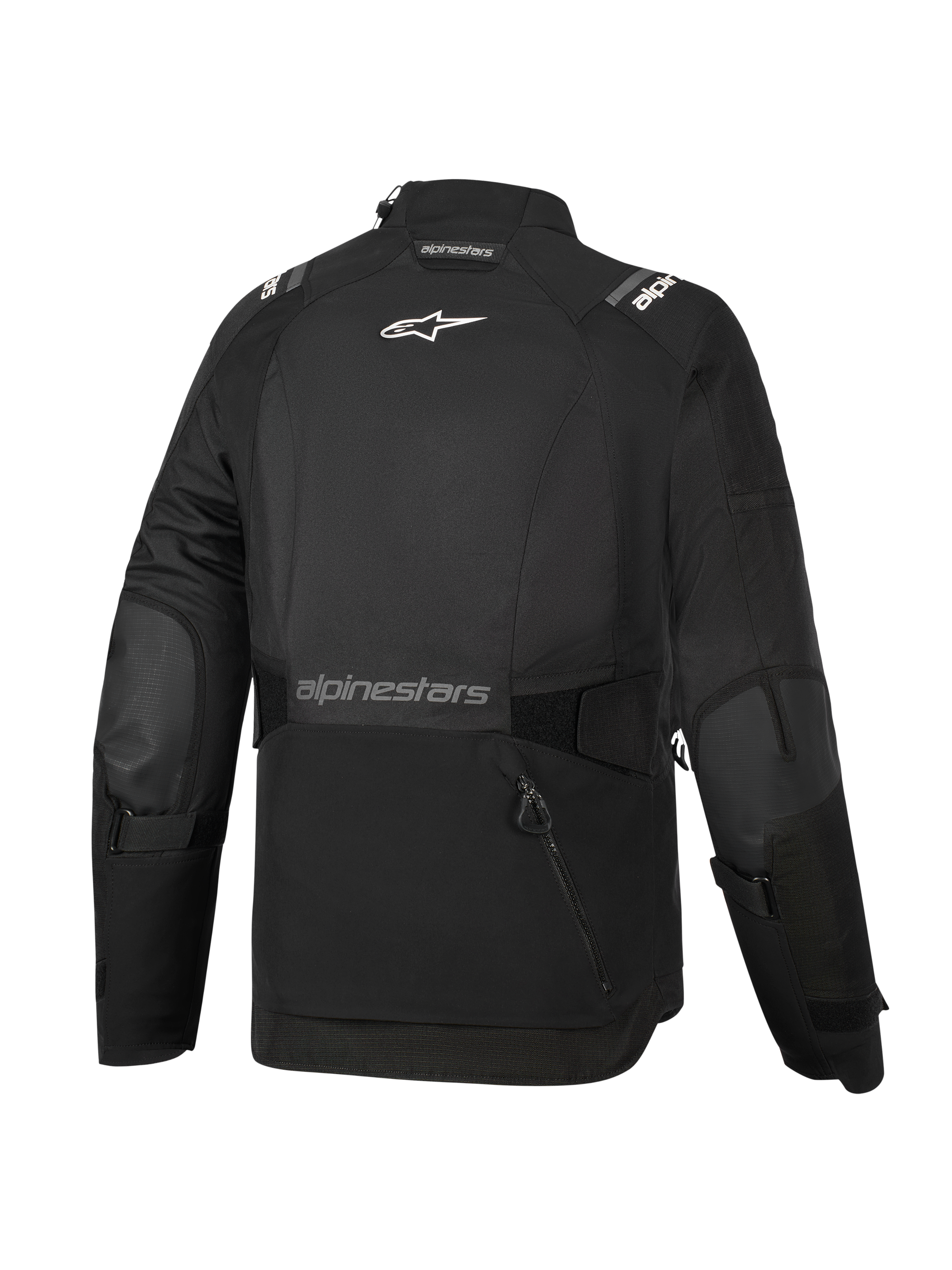 Veste Alpinestars Stella Andes V4 Drystar® pour femme, noire, vue de dos, dotée d'une grande poche de rangement arrière, d'un logo Alpinestars blanc sur le haut du dos et d'un marquage textuel sur le bas du dos, avec sangles de réglage à la taille et aux bras, veste de touring aventure en textile durable
