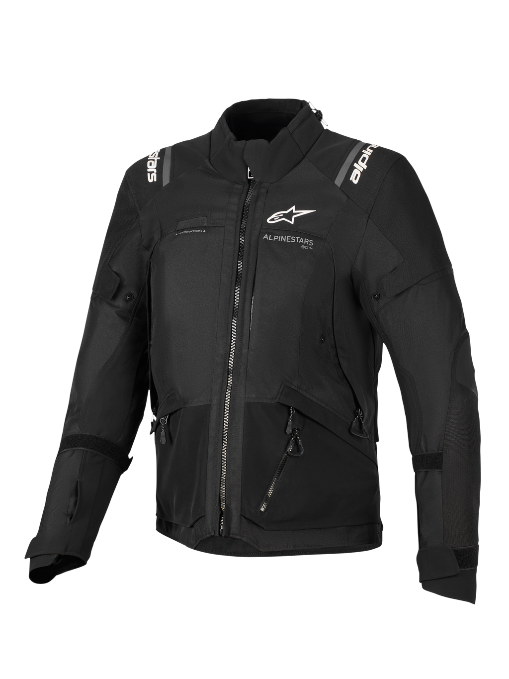 Veste Alpinestars Stella Andes V4 Drystar®, veste de moto pour femme, noire, vue de face présentant des logos blancs sur la poitrine et les épaules, conception textile multi-panneaux avec fermetures éclair et détails réfléchissants, style adventure-touring