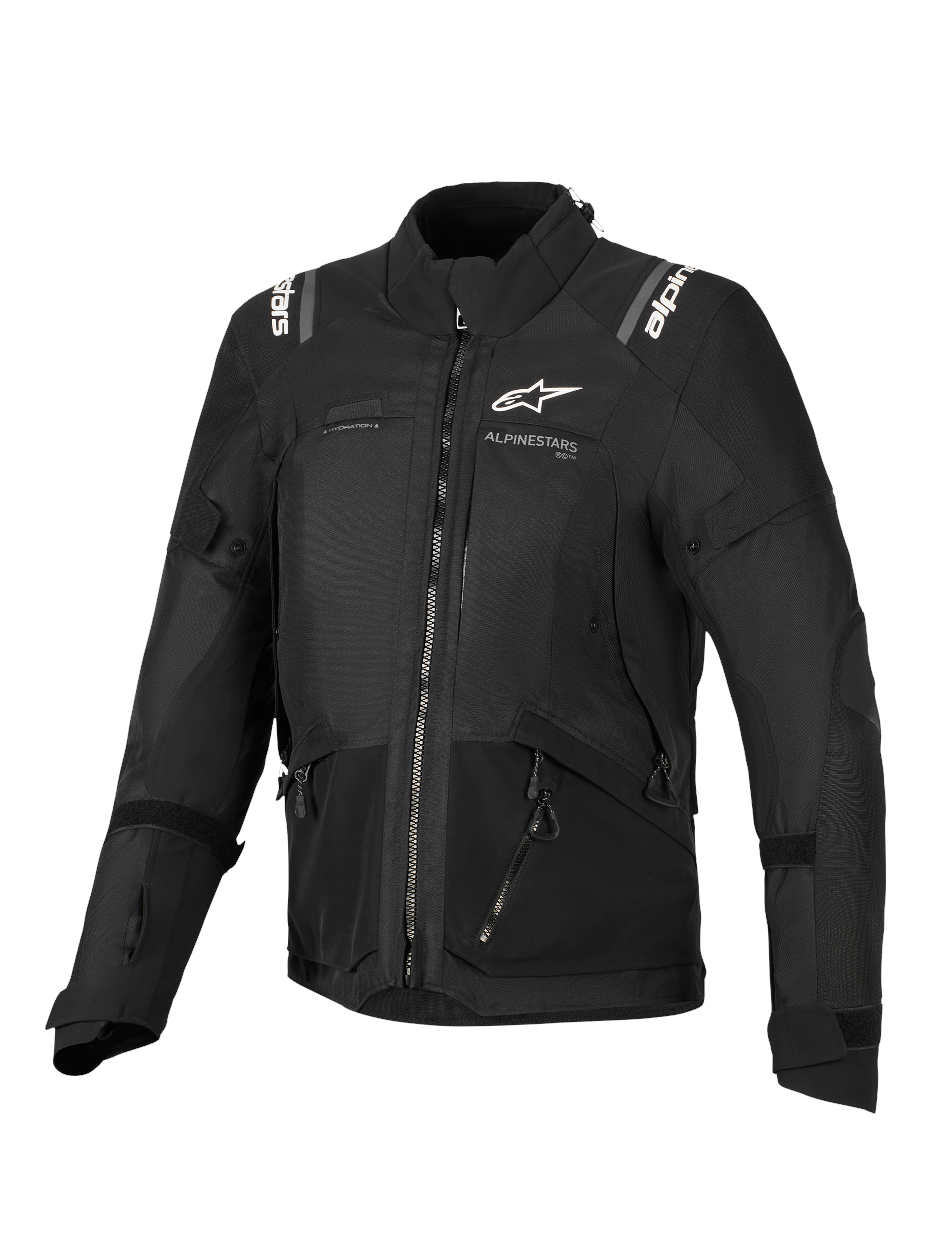 Veste Alpinestars Stella Andes V4 Drystar®, veste de moto pour femme, noire, vue de face présentant des logos blancs sur la poitrine et les épaules, conception textile multi-panneaux avec fermetures éclair et détails réfléchissants, style adventure-touring