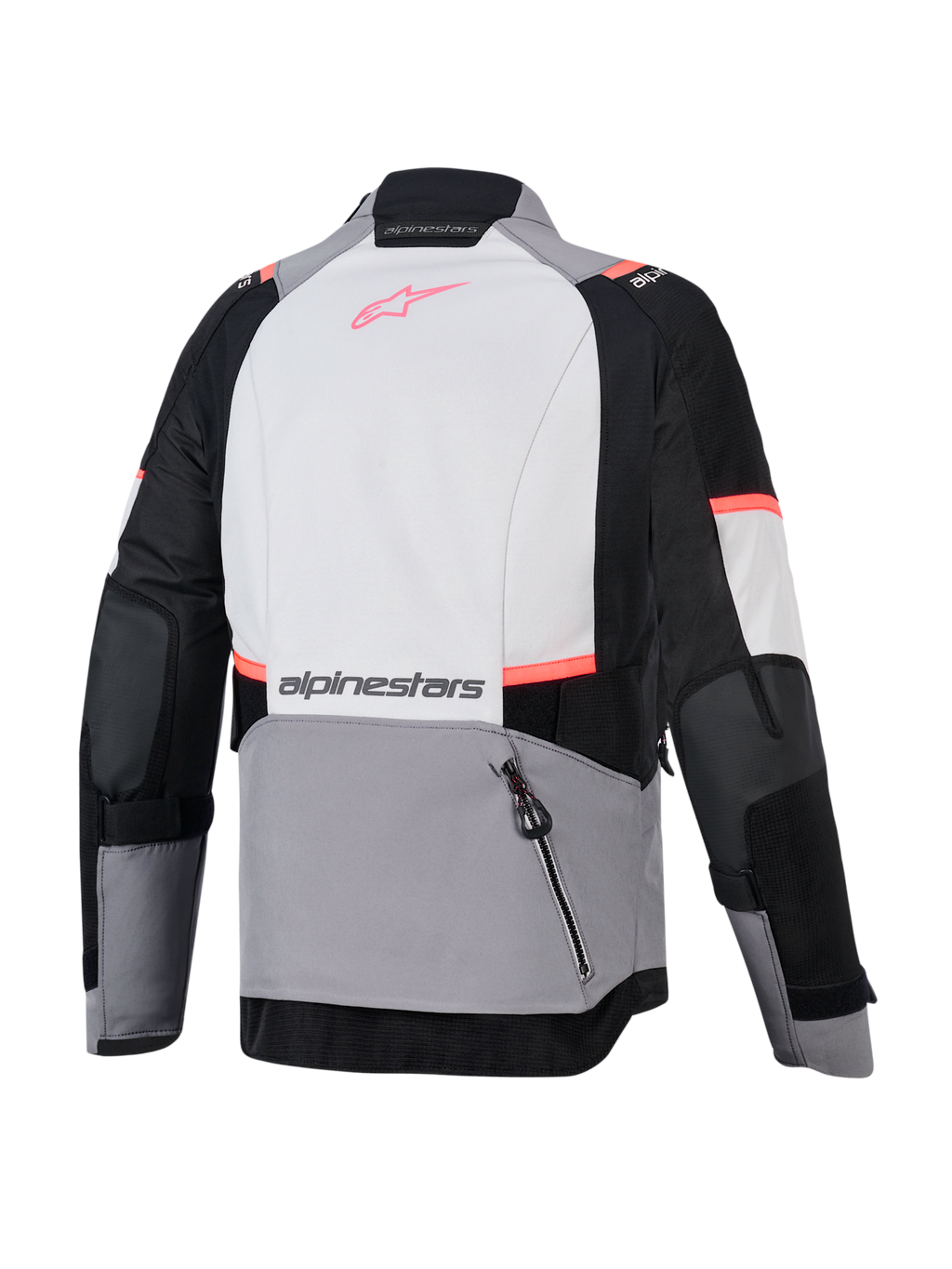 Veste Alpinestars Stella Andes V4 Drystar pour femme, grise et noire, vue de dos avec poche de rangement arrière.
