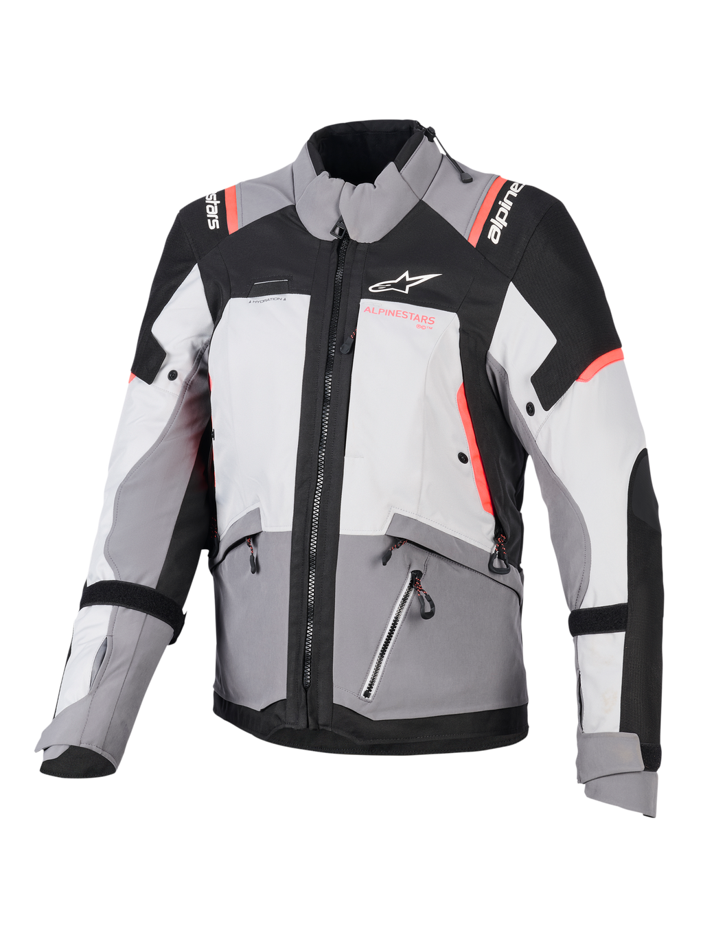 Alpinestars Stella Andes V4 Drystar, veste de moto touring pour femme, grise et noire avec accents corail fluo, textile imperméable.