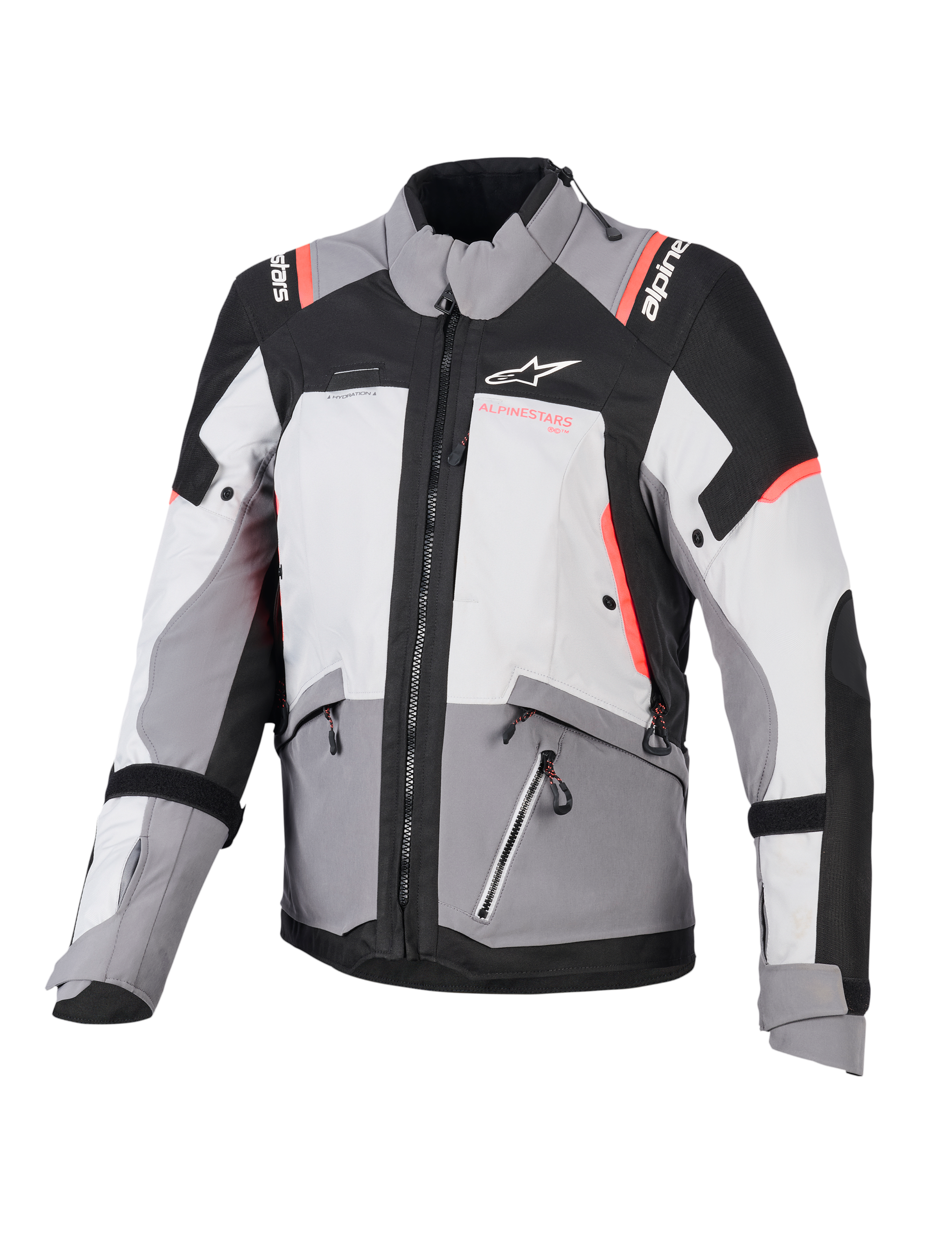 Alpinestars Stella Andes V4 Drystar, veste de moto touring pour femme, grise et noire avec accents corail fluo, textile imperméable.