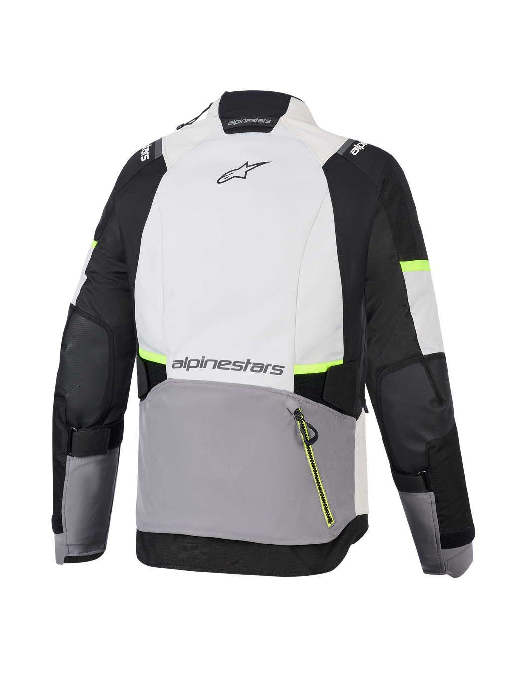 Veste Alpinestars Stella Andes V4 Drystar®, veste de moto d'aventure pour femme, gris glace, gris foncé et noir avec des accents jaune fluo, vue arrière montrant la grande poche arrière et le logo Alpinestars