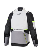 Veste Alpinestars Stella Andes V4 Drystar®, veste de moto d'aventure pour femme, gris glace, gris foncé et noir avec des accents jaune fluo, vue arrière montrant la grande poche arrière et le logo Alpinestars