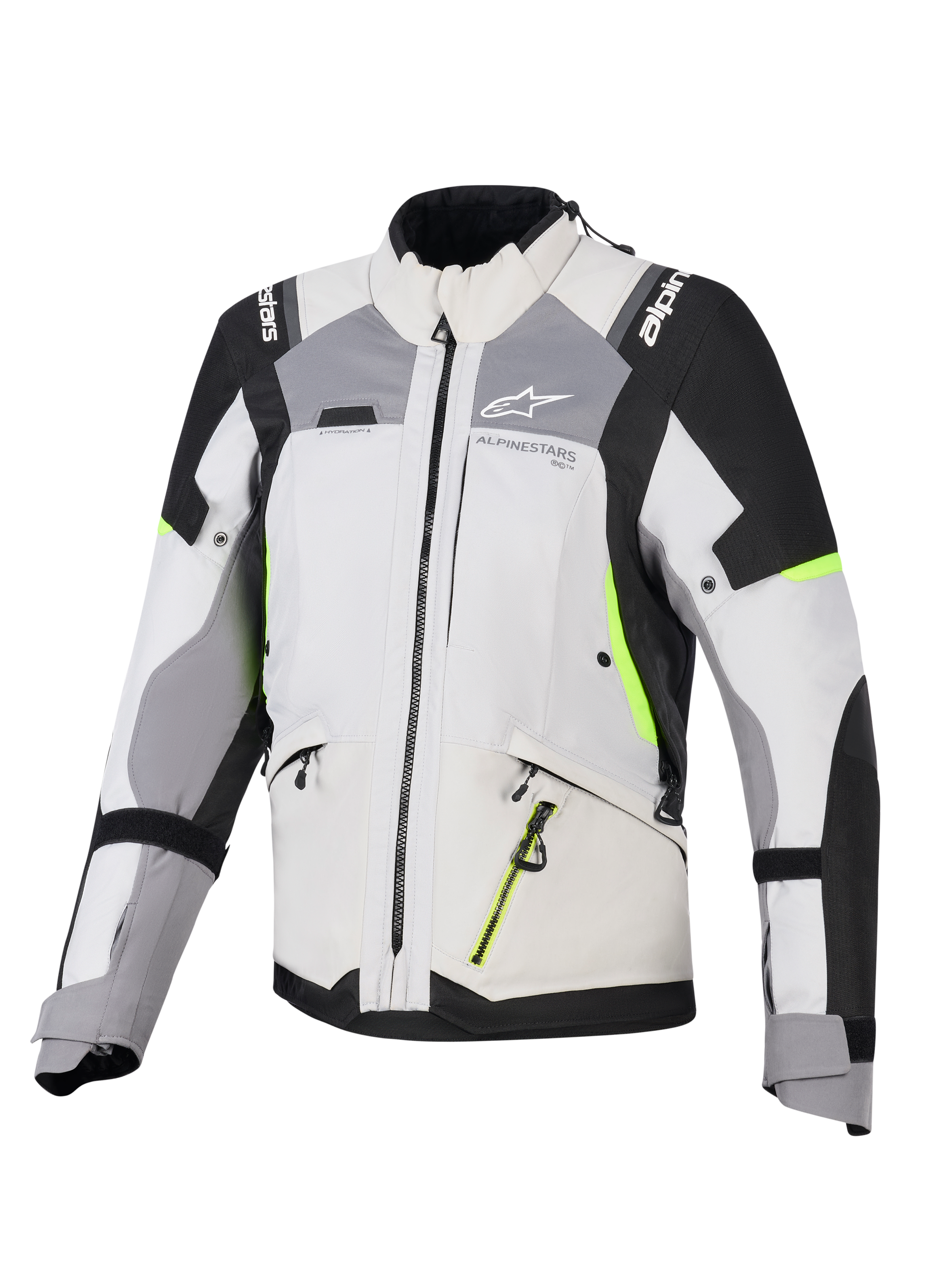 Veste Alpinestars Stella Andes V4 Drystar® pour femme, veste de touring d'aventure, gris glacier et gris foncé avec des accents noir et jaune fluo, construction textile durable avec fermetures éclair imperméables et logo Alpinestars, vue de face