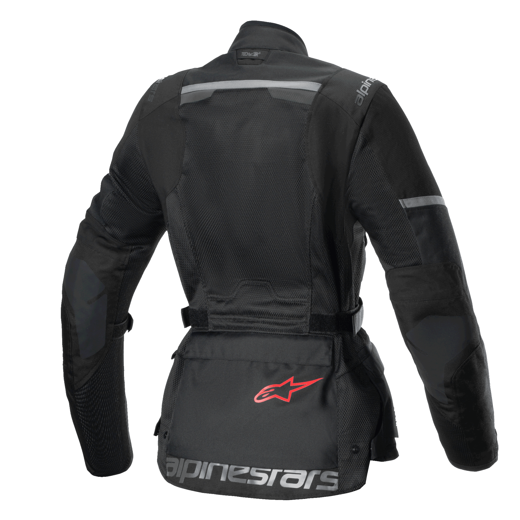 Alpinestars Veste Stella Andes Air Drystar, veste de moto touring pour femme, vue de dos, noire, avec panneaux en maille, renforts ripstop et poche de rangement au bas du dos avec logo rouge