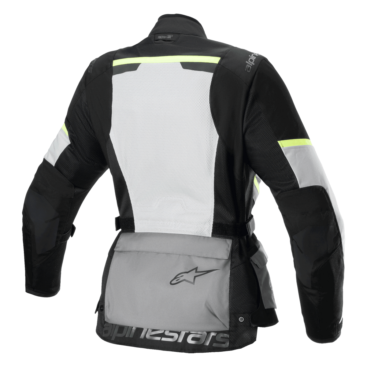 Veste Alpinestars Stella Andes Air Drystar®, veste de touring moto pour femme, vue arrière, gris glace, gris foncé et noir, dotée d'un large panneau dorsal en mesh blanc, d'une poche de rangement arrière grise avec logo, d'accents jaune haute visibilité et d'une construction textile pour la circulation de l'air et la protection.