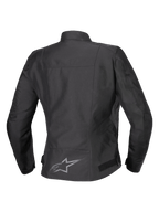 Veste imperméable Alpinestars Stella T-SPS V2, vue arrière, noire, veste de moto en textile pour femme dotée d'un logo réfléchissant dans le bas du dos et d'une silhouette sport profilée