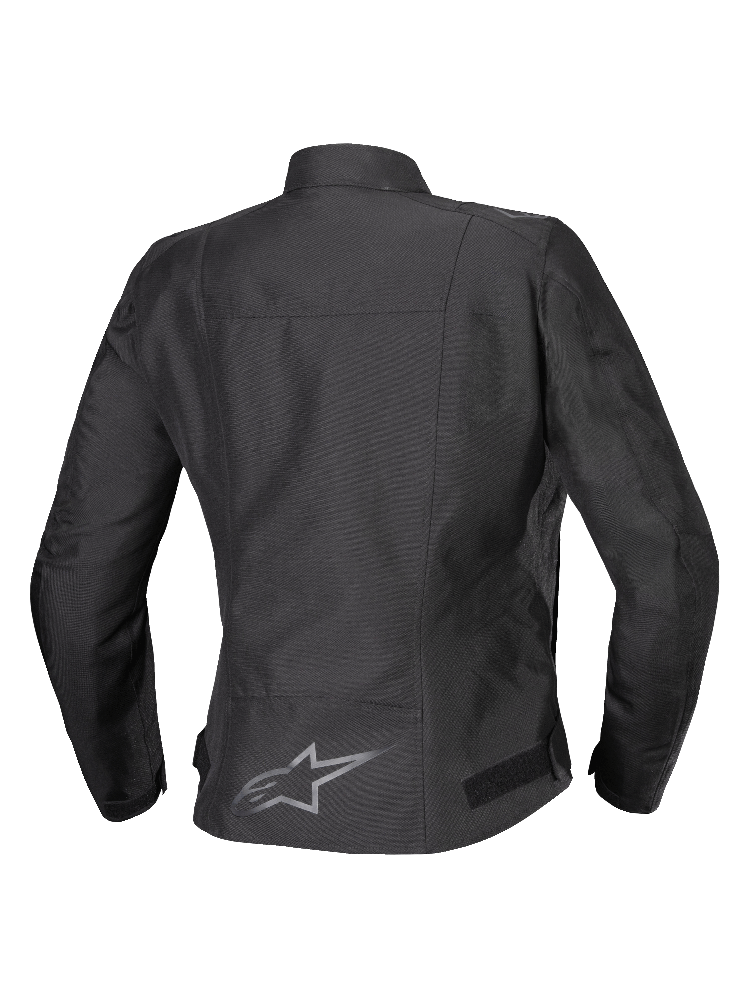 Veste imperméable Alpinestars Stella T-SPS V2, vue arrière, noire, veste de moto en textile pour femme dotée d'un logo réfléchissant dans le bas du dos et d'une silhouette sport profilée