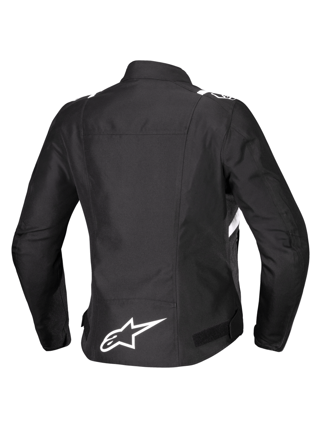 Alpinestars Stella T-SPS V2 Waterproof Jacket, vue arrière, veste de moto en textile pour femme, noire avec accents blancs, logo étoile Alpinestars blanc dans le bas du dos et silhouette sportive d'inspiration course