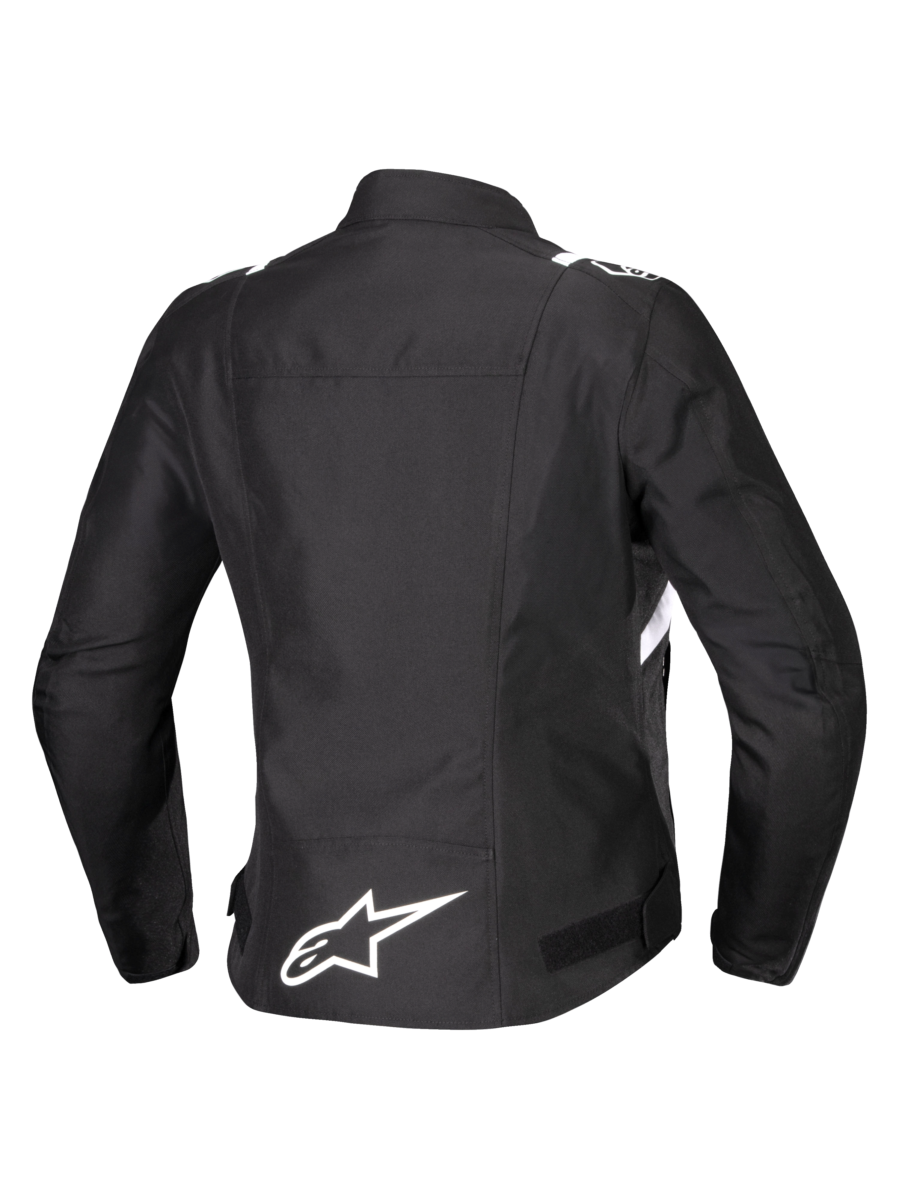 Alpinestars Stella T-SPS V2 Waterproof Jacket, vue arrière, veste de moto en textile pour femme, noire avec accents blancs, logo étoile Alpinestars blanc dans le bas du dos et silhouette sportive d'inspiration course