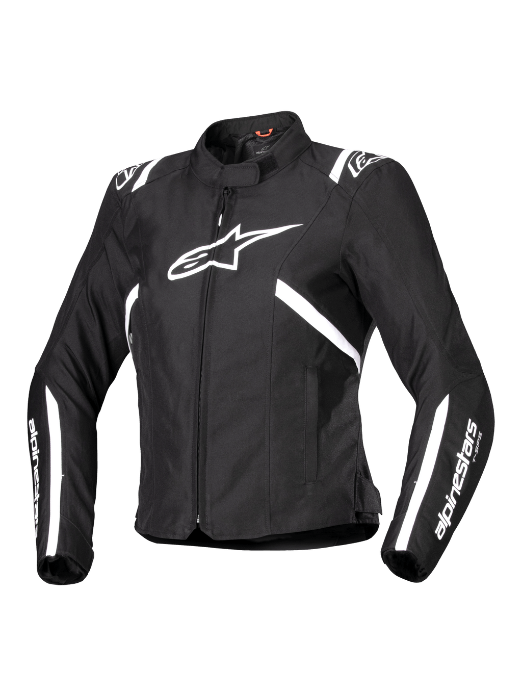 Alpinestars Stella T-SPS V2 Waterproof Jacket, veste de moto pour femme, noire et blanche, avec un grand logo d'étoile blanche sur la poitrine, des bandes blanches sur les épaules et les manches, silhouette profilée d'inspiration course, col montant et textile durable