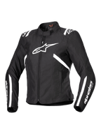 Alpinestars Stella T-SPS V2 Waterproof Jacket, veste de moto pour femme, noire et blanche, avec un grand logo d'étoile blanche sur la poitrine, des bandes blanches sur les épaules et les manches, silhouette profilée d'inspiration course, col montant et textile durable