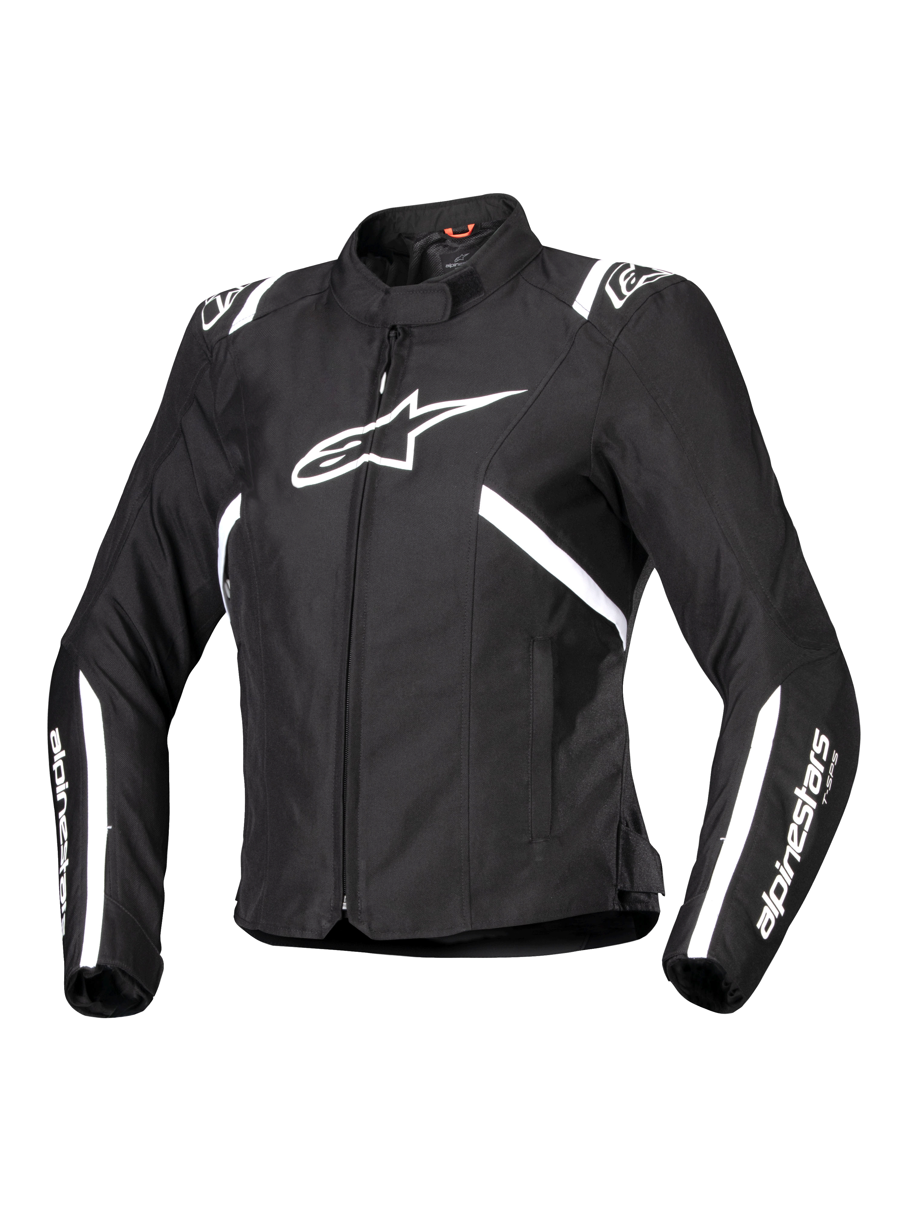 Alpinestars Stella T-SPS V2 Waterproof Jacket, veste de moto pour femme, noire et blanche, avec un grand logo d'étoile blanche sur la poitrine, des bandes blanches sur les épaules et les manches, silhouette profilée d'inspiration course, col montant et textile durable