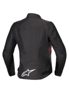 Alpinestars Stella T-SPS V2 Waterproof Jacket, Rear View, Black with Red and White Accents, Women's textile motorcycle jacket featuring a large white Alpinestars logo on the lower back and sporty silhouette