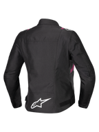 Veste imperméable Alpinestars Stella T-SPS V2, veste de moto pour femme, noire avec des accents blancs et Diva Pink, vue arrière montrant le logo étoile blanc dans le bas du dos, silhouette d'inspiration sportive avec finition textile durable
