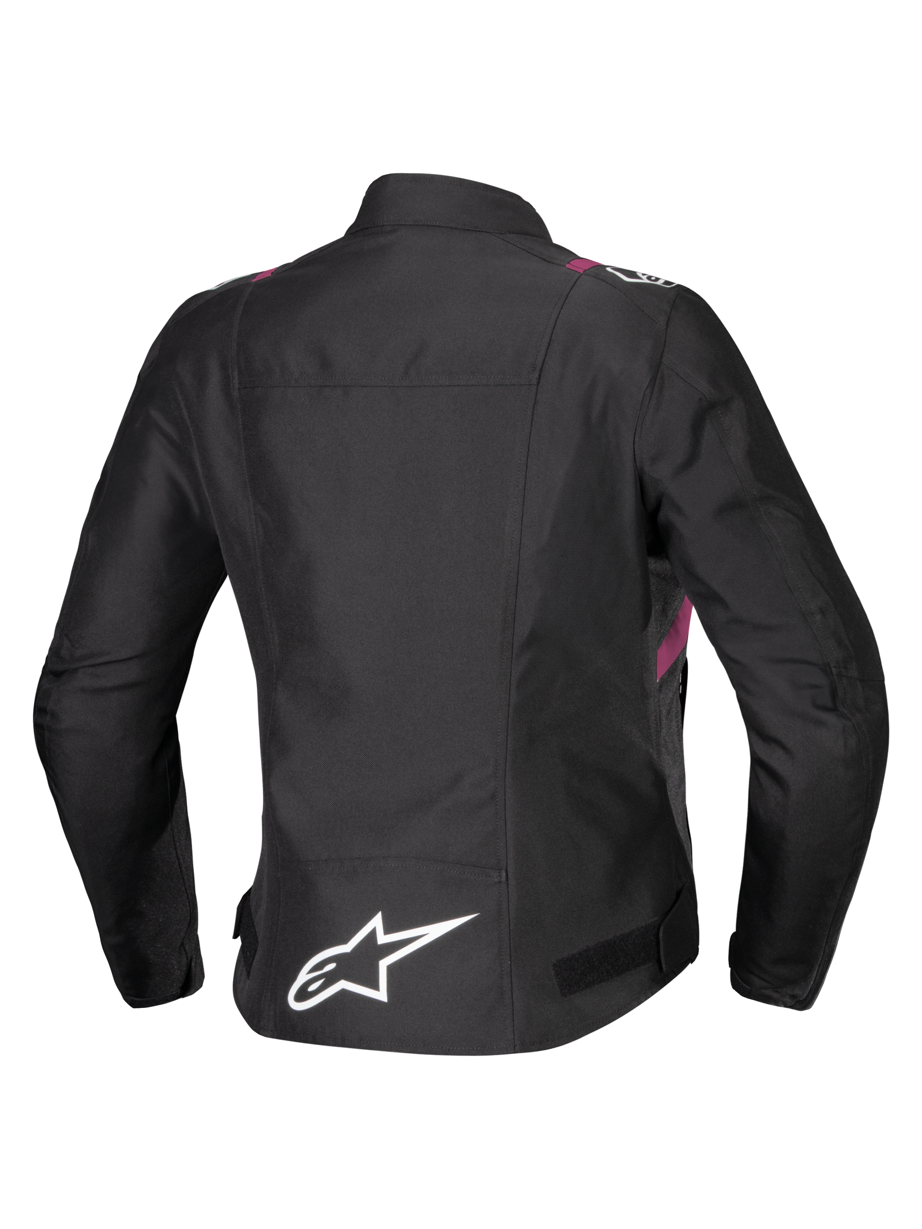 Veste imperméable Alpinestars Stella T-SPS V2, veste de moto pour femme, noire avec des accents blancs et Diva Pink, vue arrière montrant le logo étoile blanc dans le bas du dos, silhouette d'inspiration sportive avec finition textile durable