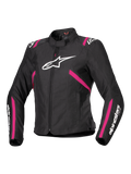Alpinestars Stella T-SPS V2 Waterproof Jacket, veste de moto en textile pour femme, noire avec accents rose diva et blancs, grand logo Alpinestars blanc sur la poitrine, bandes roses sur le buste et les manches, marquage blanc sur les avant-bras, coupe sportive ajustée pour rouler par tous les temps