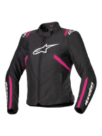 Alpinestars Stella T-SPS V2 Waterproof Jacket, veste de moto en textile pour femme, noire avec accents rose diva et blancs, grand logo Alpinestars blanc sur la poitrine, bandes roses sur le buste et les manches, marquage blanc sur les avant-bras, coupe sportive ajustée pour rouler par tous les temps