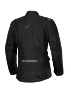 Alpinestars Stella ST-1 Waterproof Jacket, Women's Motorcycle Jacket, Black, rear view featuring a large lower back cargo pocket with logo, adventure touring design with subtle branding on the upper back, durable waterproof textile construction.