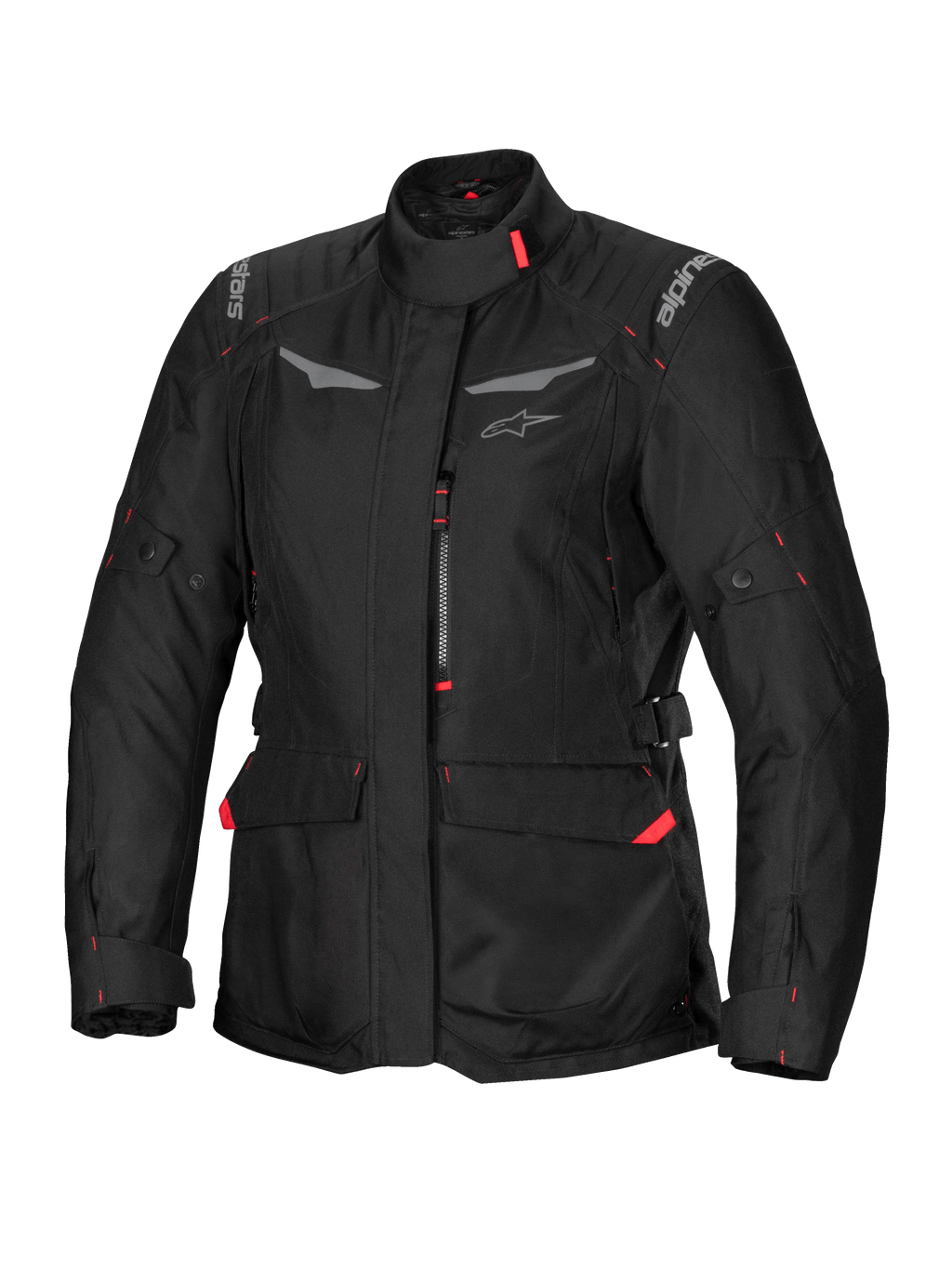 Alpinestars Stella ST-1 Waterproof Jacket, Women's Motorcycle Touring Jacket, Black with Red Accents, High Collar, Front Zipper, Large Waist Cargo Pockets, Adjustable Waist and Cuff Straps, Weather-Resistant Construction