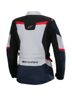 Veste imperméable Alpinestars Stella ST-1, vue arrière, bleu foncé et noir avec accents gris clair et rouge vif, veste de tourisme d'aventure pour femme avec logo Alpinestars et construction ergonomique.