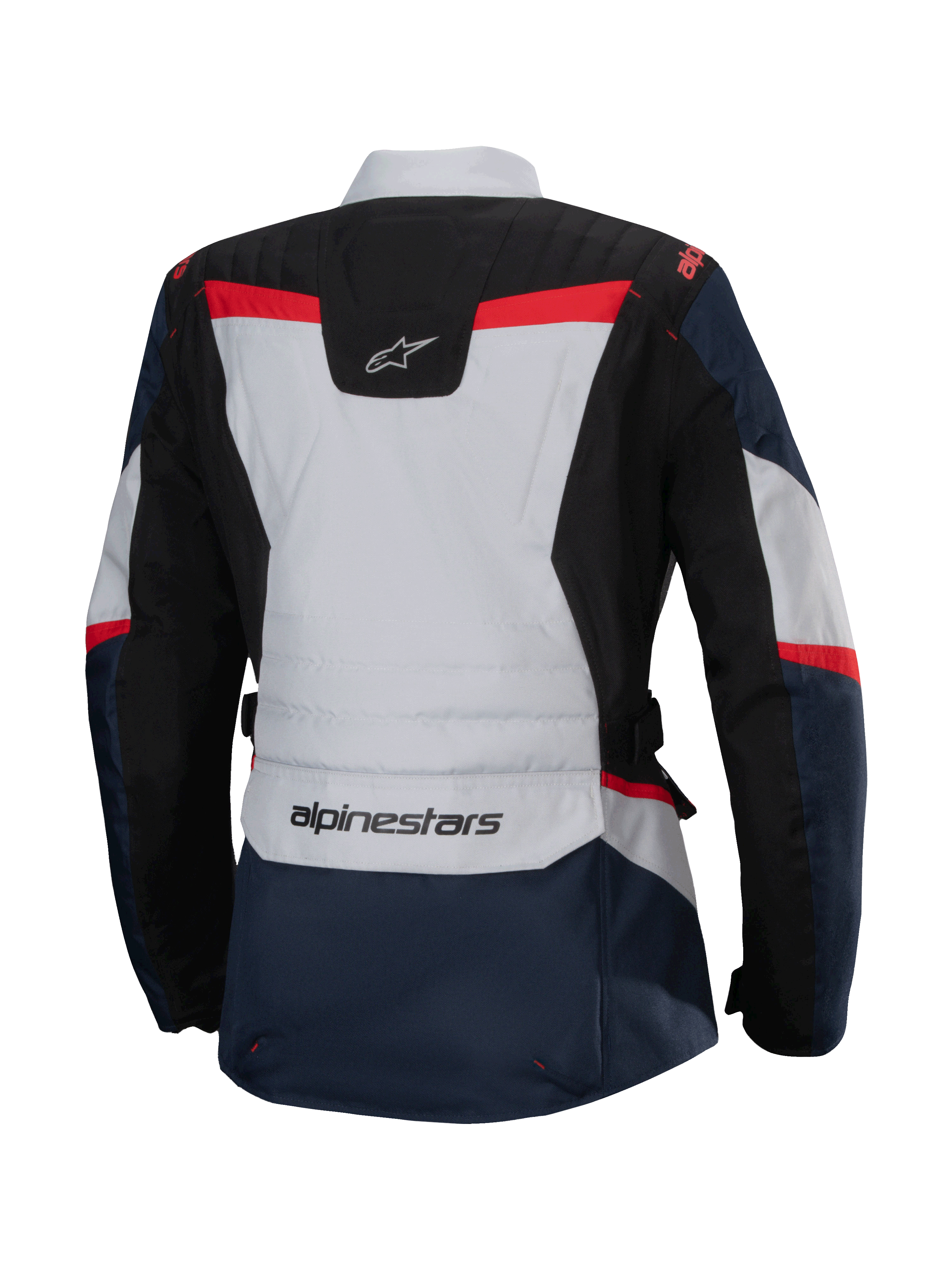 Veste imperméable Alpinestars Stella ST-1, vue arrière, bleu foncé et noir avec accents gris clair et rouge vif, veste de tourisme d'aventure pour femme avec logo Alpinestars et construction ergonomique.