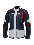Alpinestars Stella ST-1 Waterproof Jacket, veste de moto de tourisme pour femme, bleu foncé, noir et rouge vif, avec empiècements gris clair, col haut, fermeture éclair frontale et design d'inspiration aventure aux formes angulaires et poches cargo