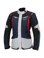 Alpinestars Stella ST-1 Waterproof Jacket, veste de moto de tourisme pour femme, bleu foncé, noir et rouge vif, avec empiècements gris clair, col haut, fermeture éclair frontale et design d'inspiration aventure aux formes angulaires et poches cargo