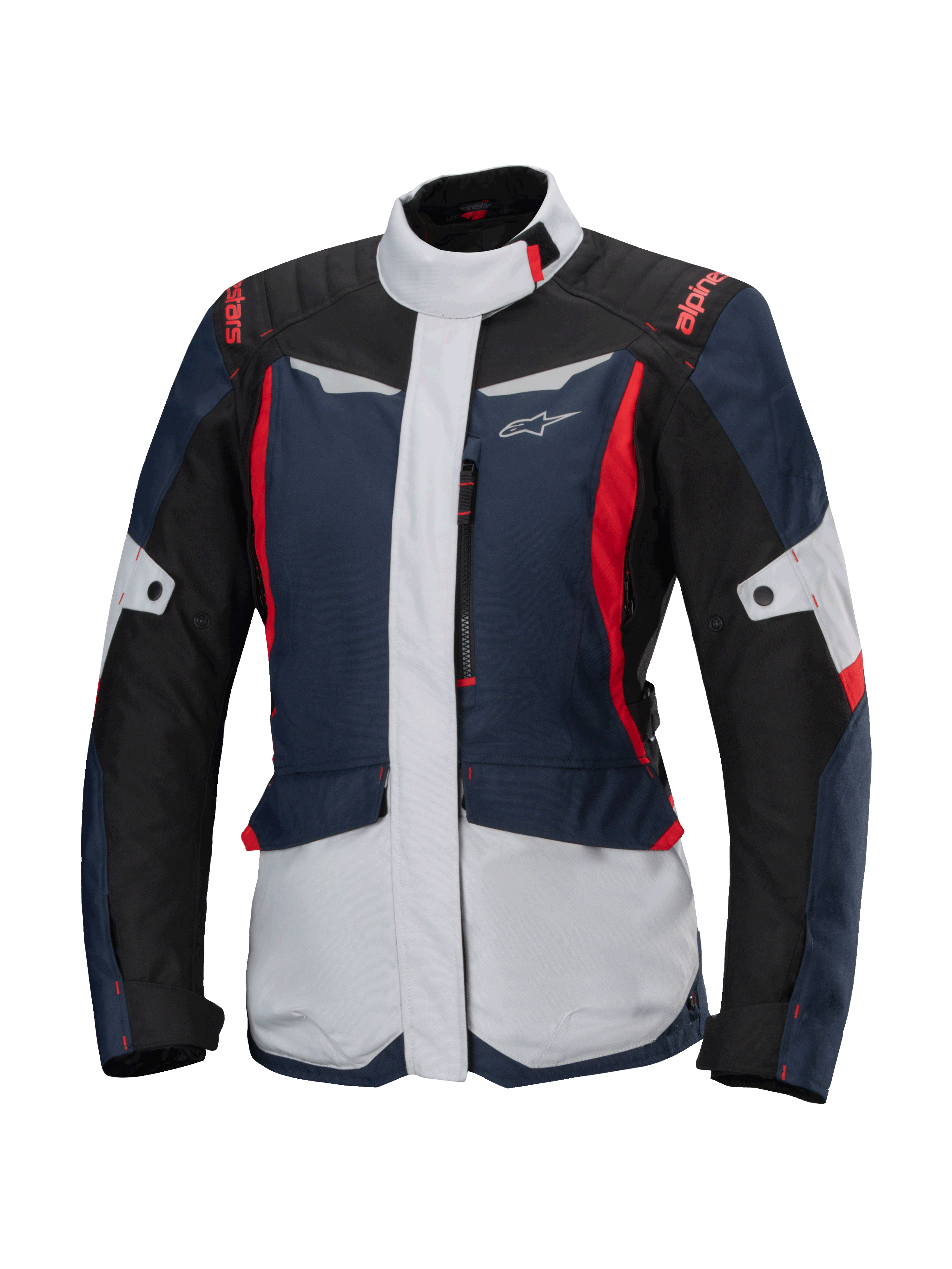Alpinestars Stella ST-1 Waterproof Jacket, veste de moto de tourisme pour femme, bleu foncé, noir et rouge vif, avec empiècements gris clair, col haut, fermeture éclair frontale et design d'inspiration aventure aux formes angulaires et poches cargo