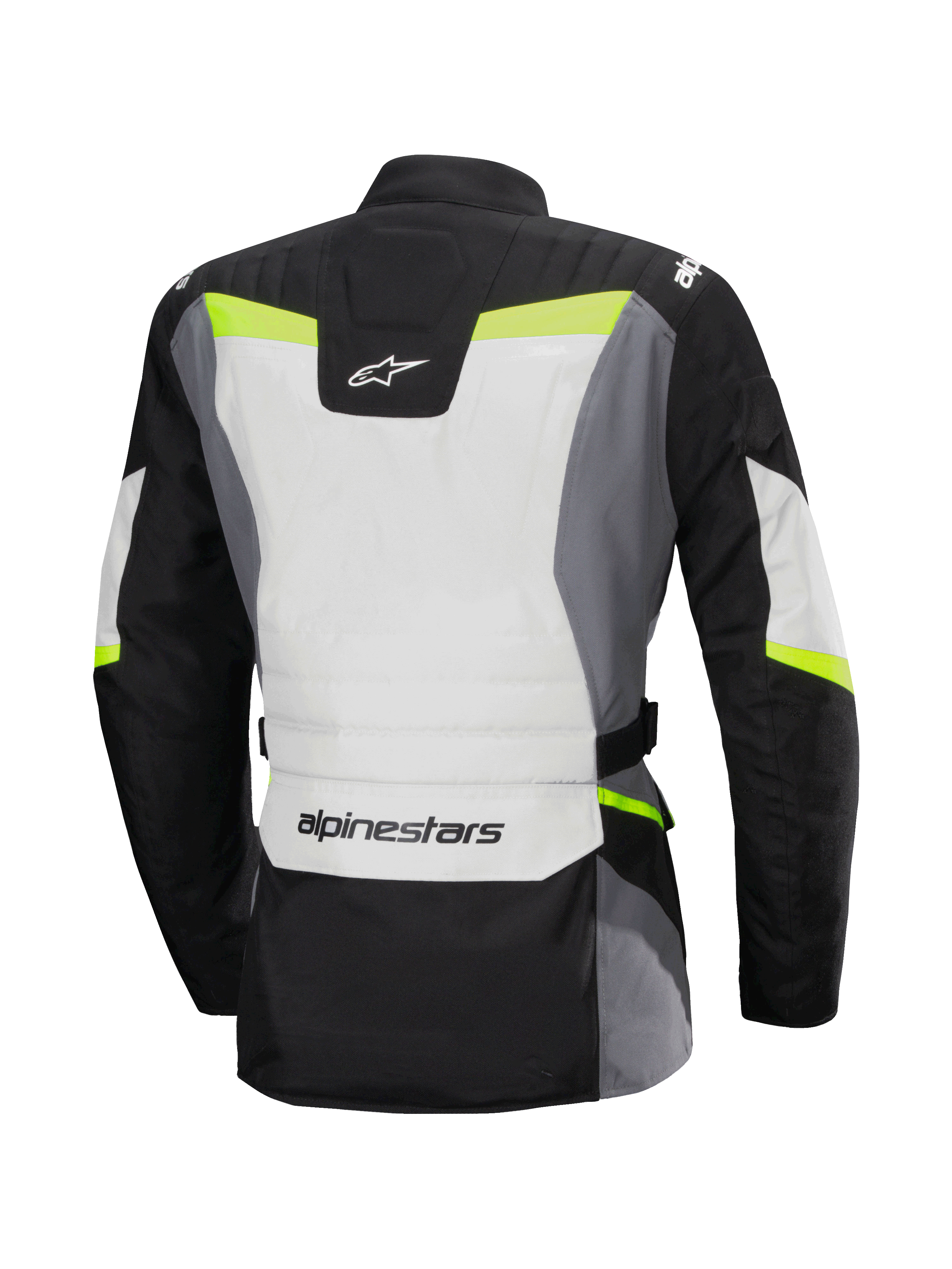 Alpinestars Stella ST-1 Waterproof Jacket, Back View, Women's Motorcycle Touring Jacket, Ice Gray, Black, and Yellow Fluo, features Alpinestars logo on lower back and upper neck, adventure touring design with protective textile construction and fluorescent accents.