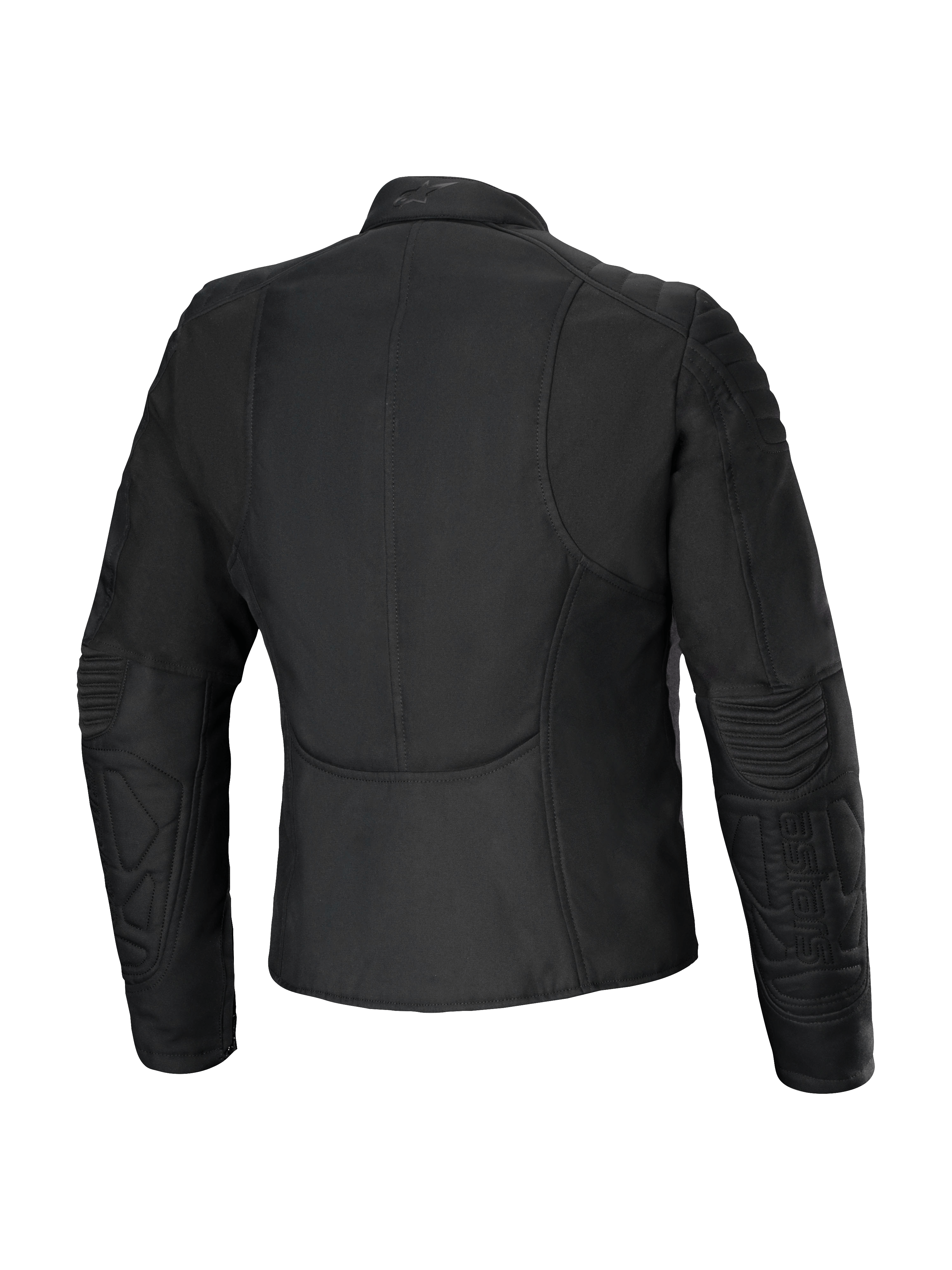 Veste femme Alpinestars Isla WR, vue arrière, noir, veste de moto urbaine à coupe ajustée avec détails matelassés aux épaules et aux avant-bras, tissu déperlant à finition mate, design féminin ajusté avec un profil dorsal allongé pour le confort de conduite
